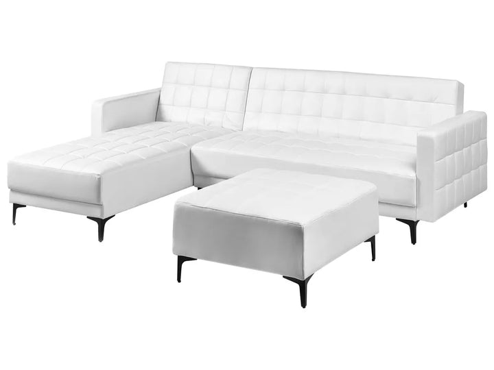 Modular Corner Sofa Bed 4 Seater Faux Leather White with Ottoman Right Hand Denby