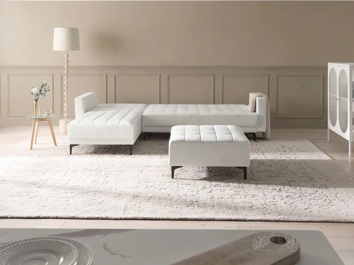 Modular Corner Sofa Bed 4 Seater Faux Leather White with Ottoman Right Hand Denby