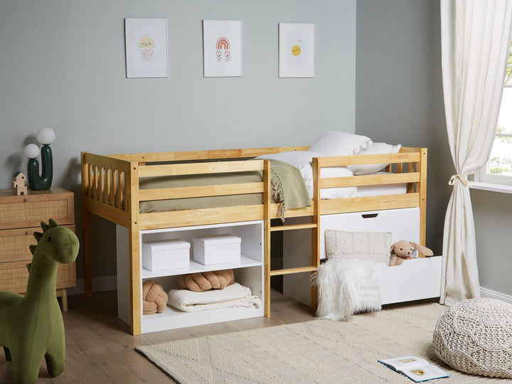 Wooden Kids Mid Sleeper Bed with Storage EU Single Size Light Wood Susville