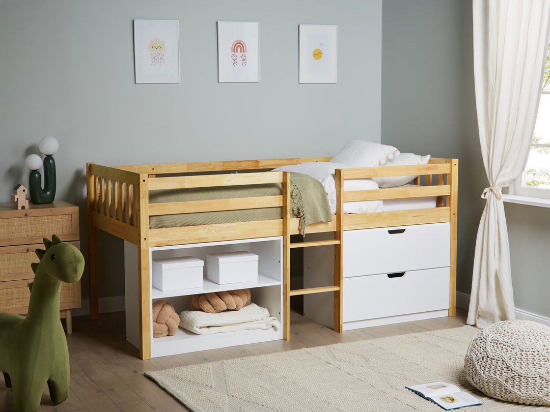 Wooden Kids Mid Sleeper Bed with Storage EU Single Size Light Wood Susville