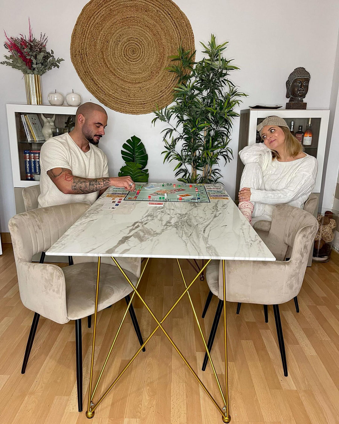 Dining Table 140 x 80 cm Marble Effect White with Gold Kenton