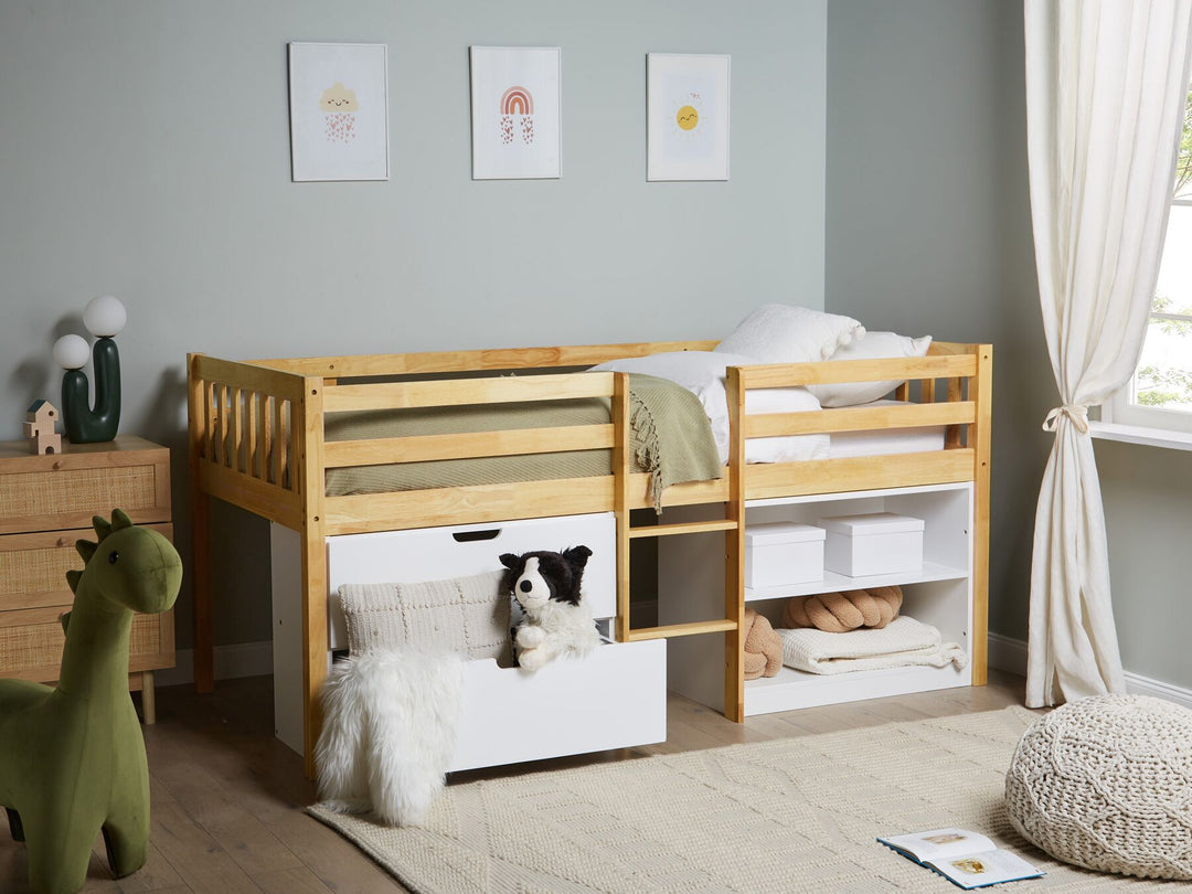 Wooden Kids Mid Sleeper Bed with Storage EU Single Size Light Wood Susville