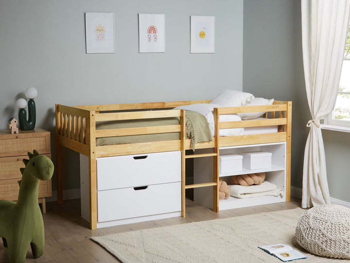 Wooden Kids Mid Sleeper Bed with Storage EU Single Size Light Wood Susville