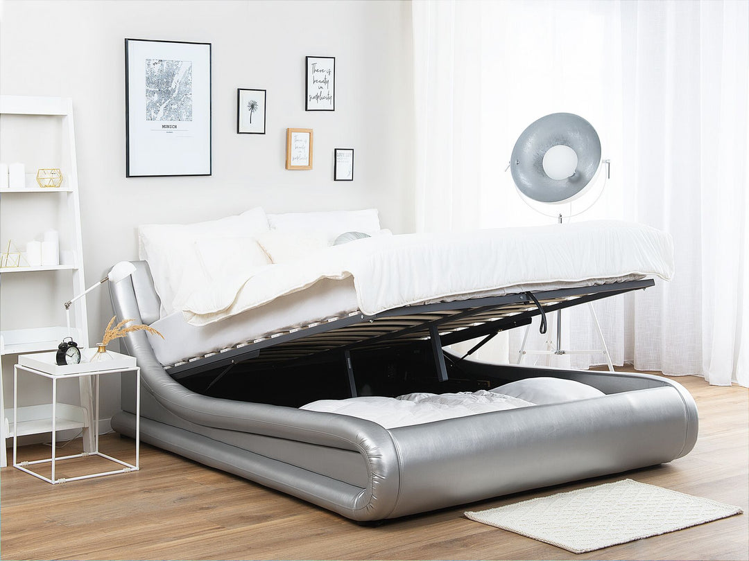 Faux Leather EU Super King Size Ottoman Bed Silver Avignon