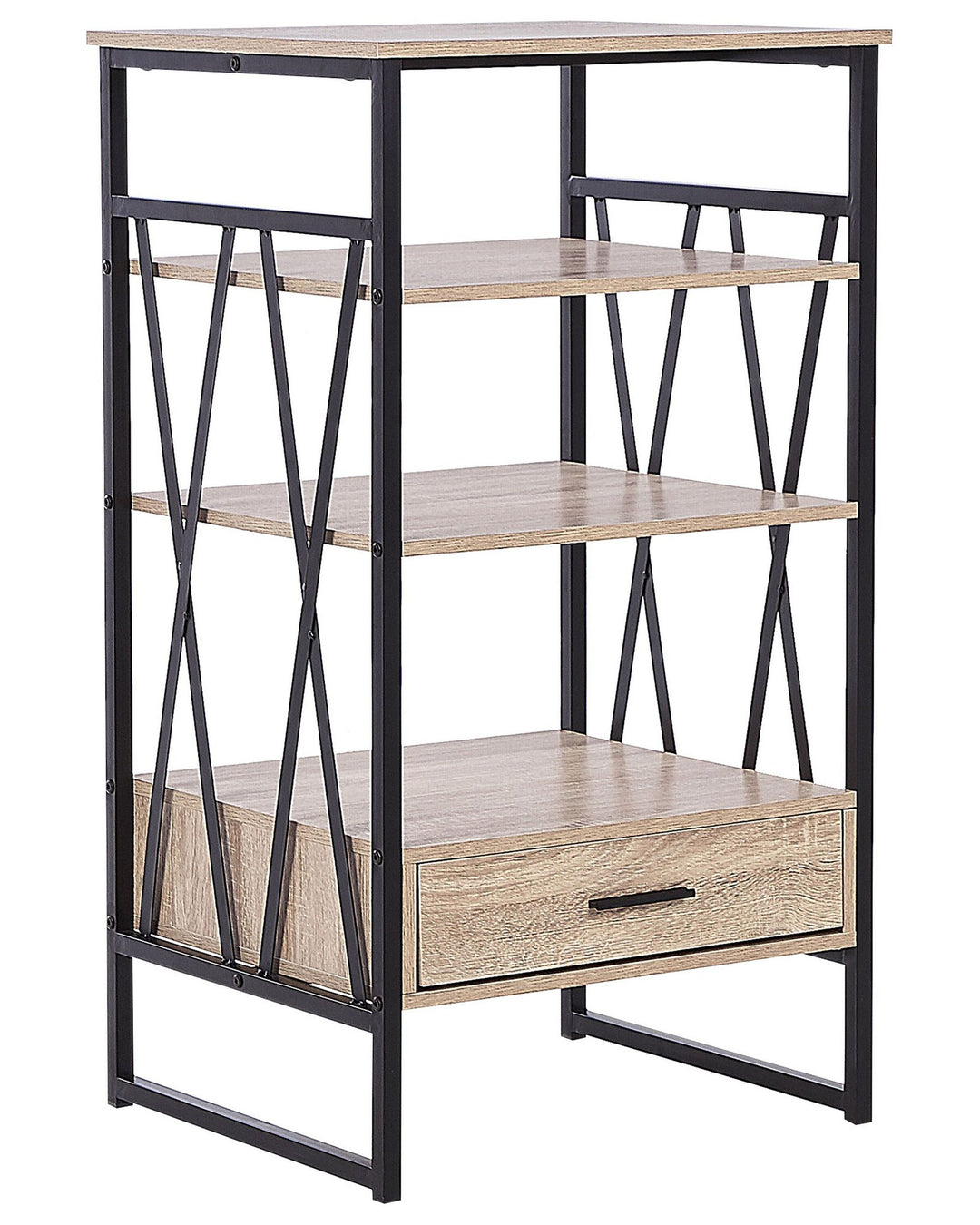 Bookshelf with wooden shelves and a black metal frame on a white background