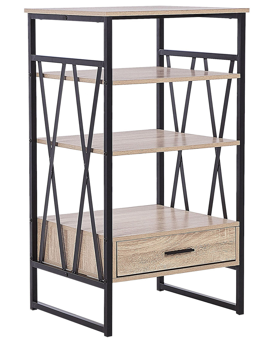 Bookshelf with wooden shelves and a black metal frame on a white background