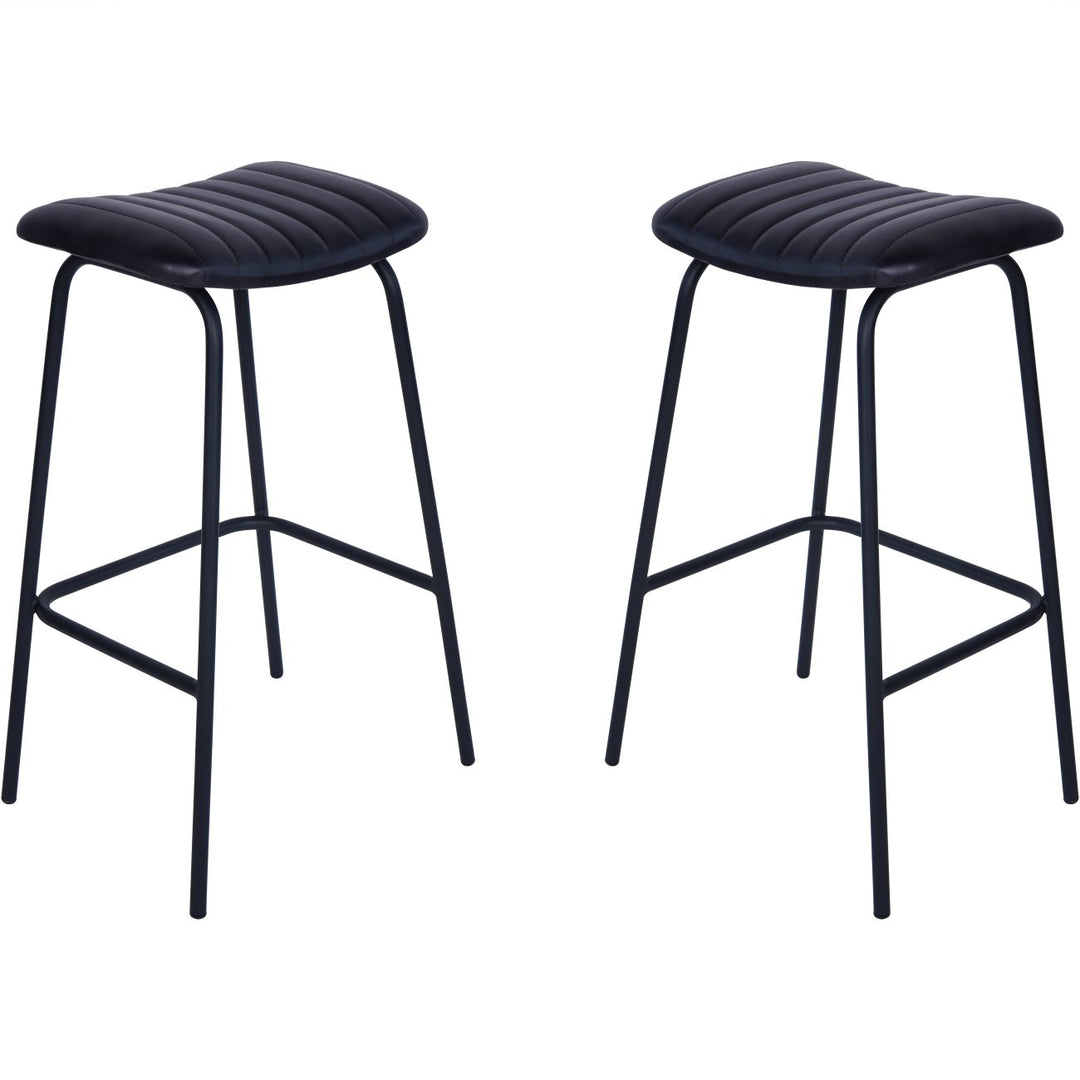 Two black bar stools with cushioned seats on a white background