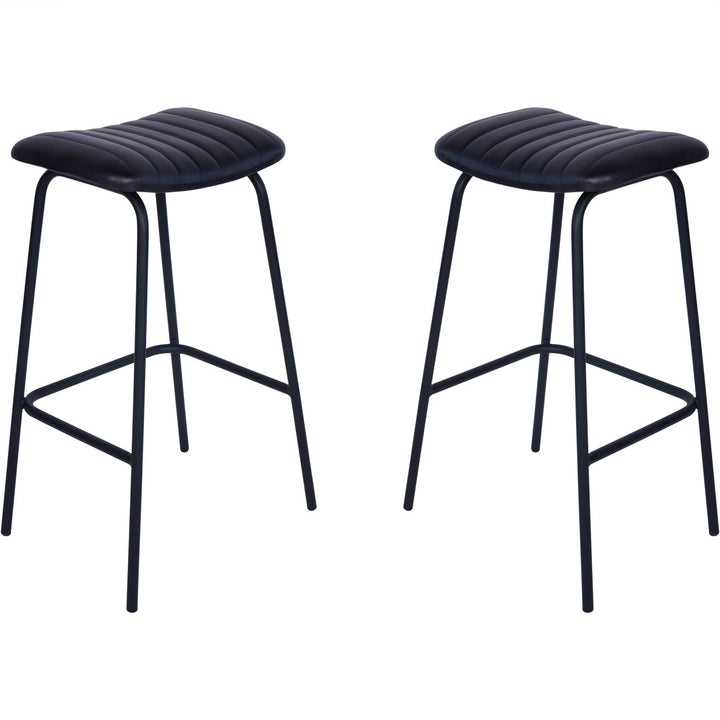 Two black bar stools with cushioned seats on a white background