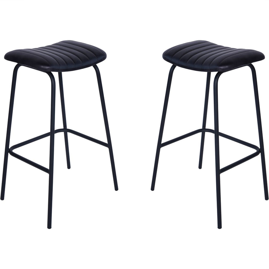 Two black bar stools with cushioned seats on a white background