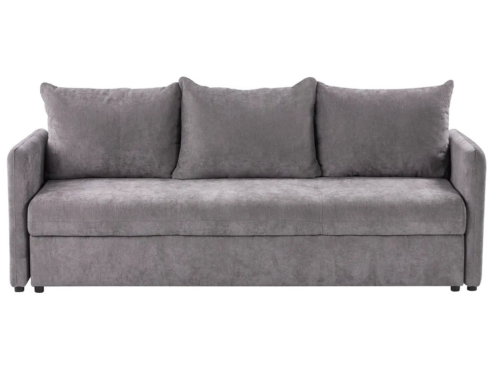 Gray sofa with three cushions on a white background