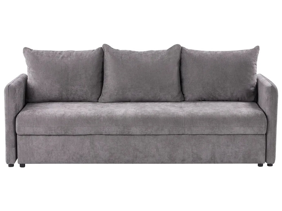 Gray sofa with three cushions on a white background