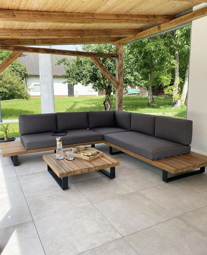 Mykonos Garden Corner Sofa with Table 5 Seater Right Hand Certified Acacia Wood Dark Grey