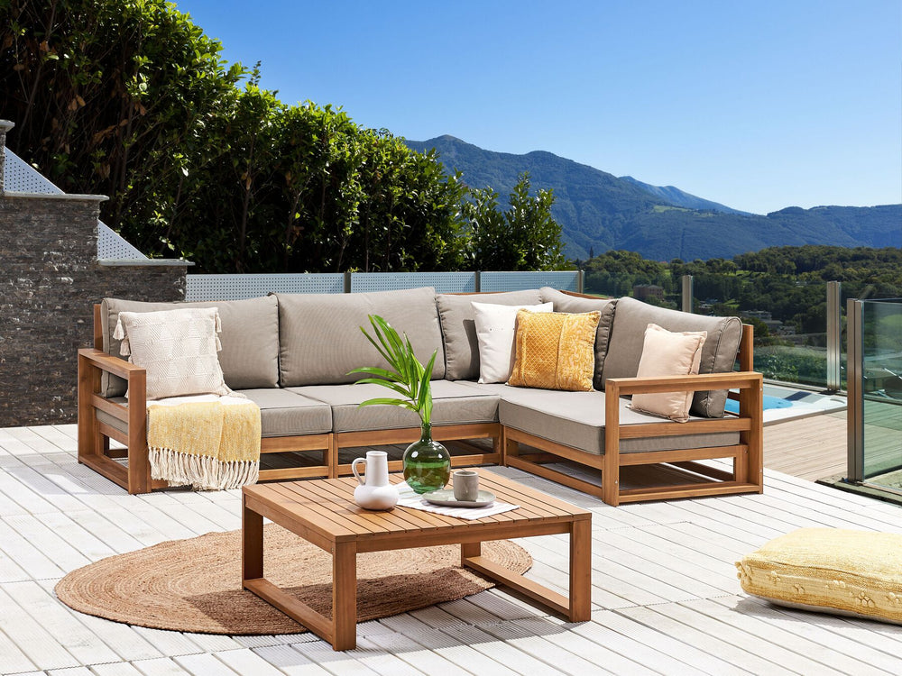 Timor Garden Corner Sofa with Table 4 Seater Left Hand Modular Certified Acacia Wood Light Brown