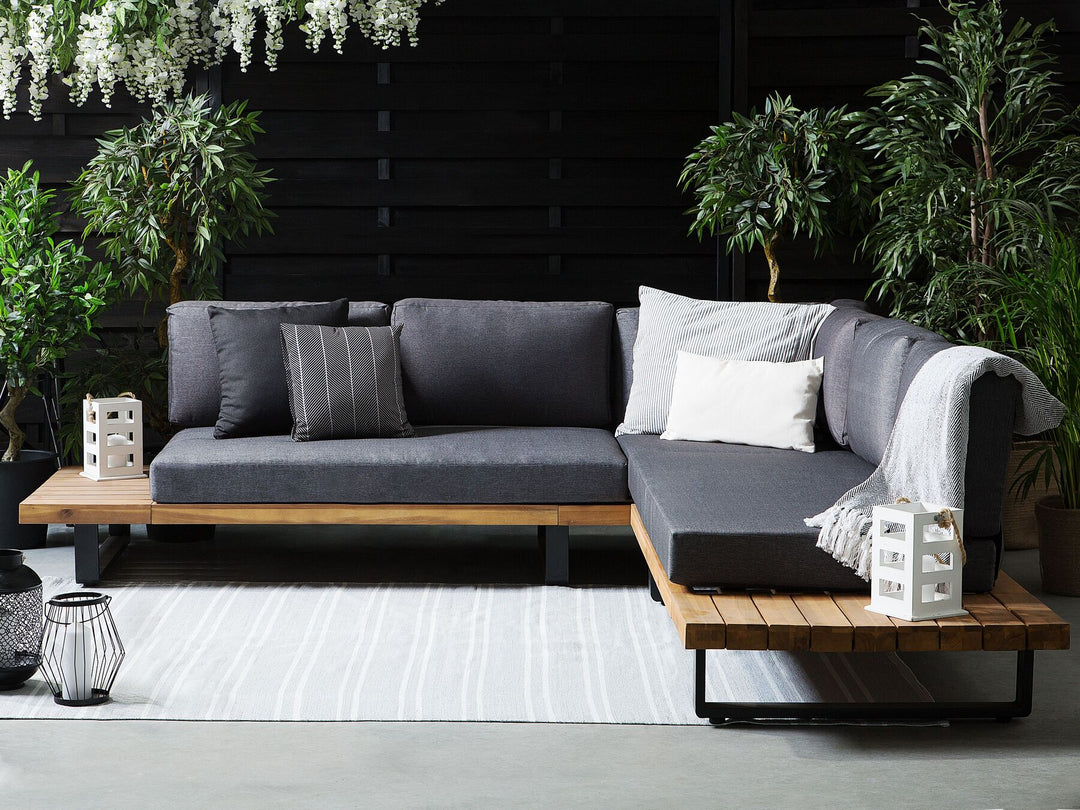 Mykonos Garden Corner Sofa with Table 5 Seater Right Hand Certified Acacia Wood Dark Grey
