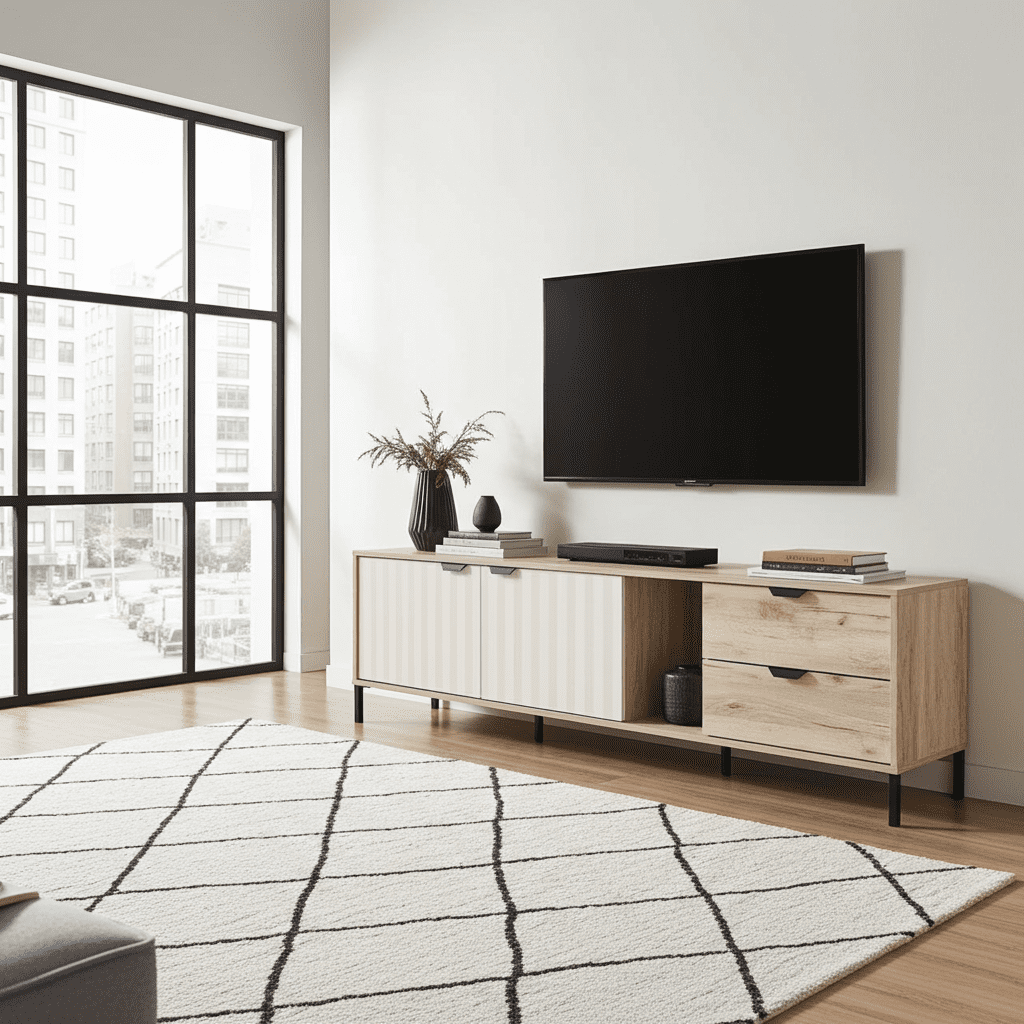 Modern living room with a wooden TV stand, television, and decorative items.