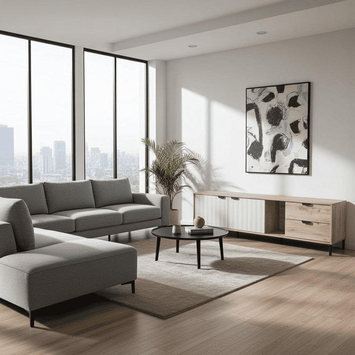 Della Grey Oak Effect Cashmere Slatted TV Unit Cabinet