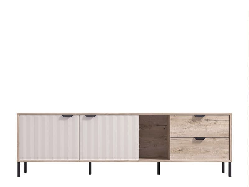 Wooden sideboard with a mix of light and dark wood finishes 