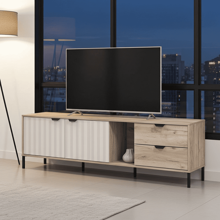 Della Grey Oak Effect Cashmere Slatted TV Unit Cabinet