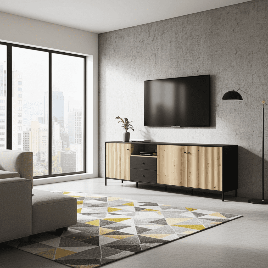Slatted oak effect and black TV unit