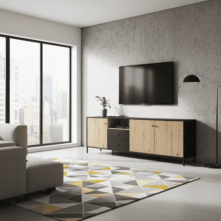 Slatted oak effect and black TV unit