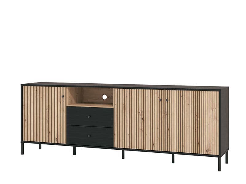 Slatted Artisan Oak Effect And Black TV Unit  Bazine