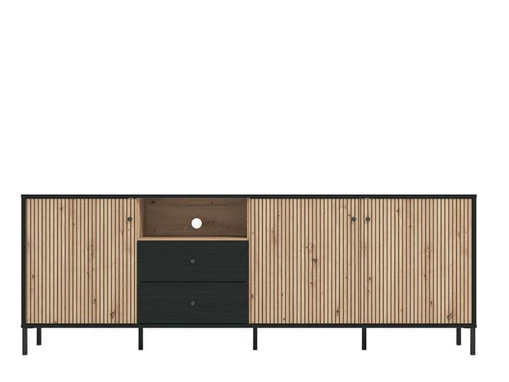 Modern oak and black TV stand with storage
