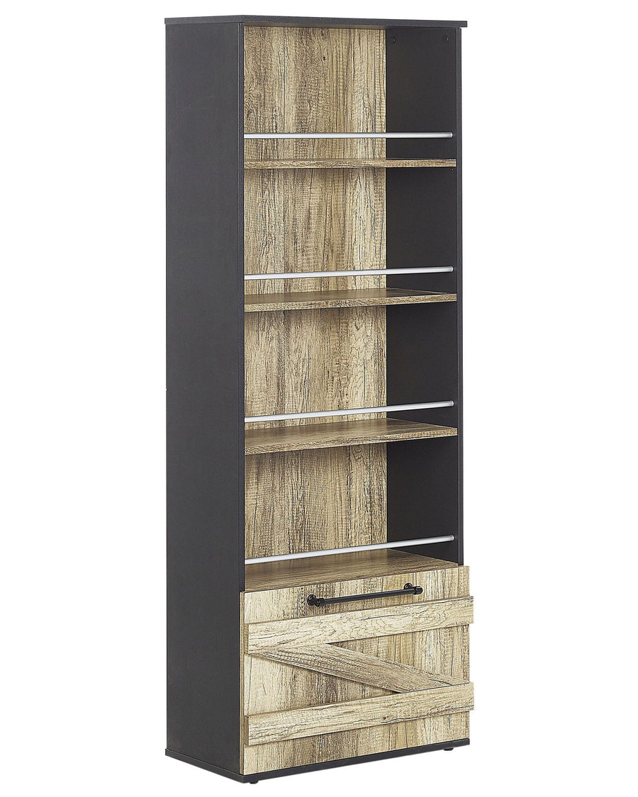 Tall bookshelf with wooden shelves and black frame on a white background