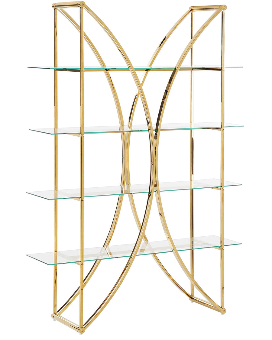 Gold metal and glass shelf with curved design on a white background