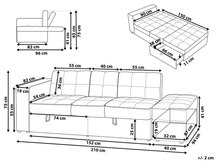 Sofa Bed 3 Seater Fabric Black with Storage Alycea