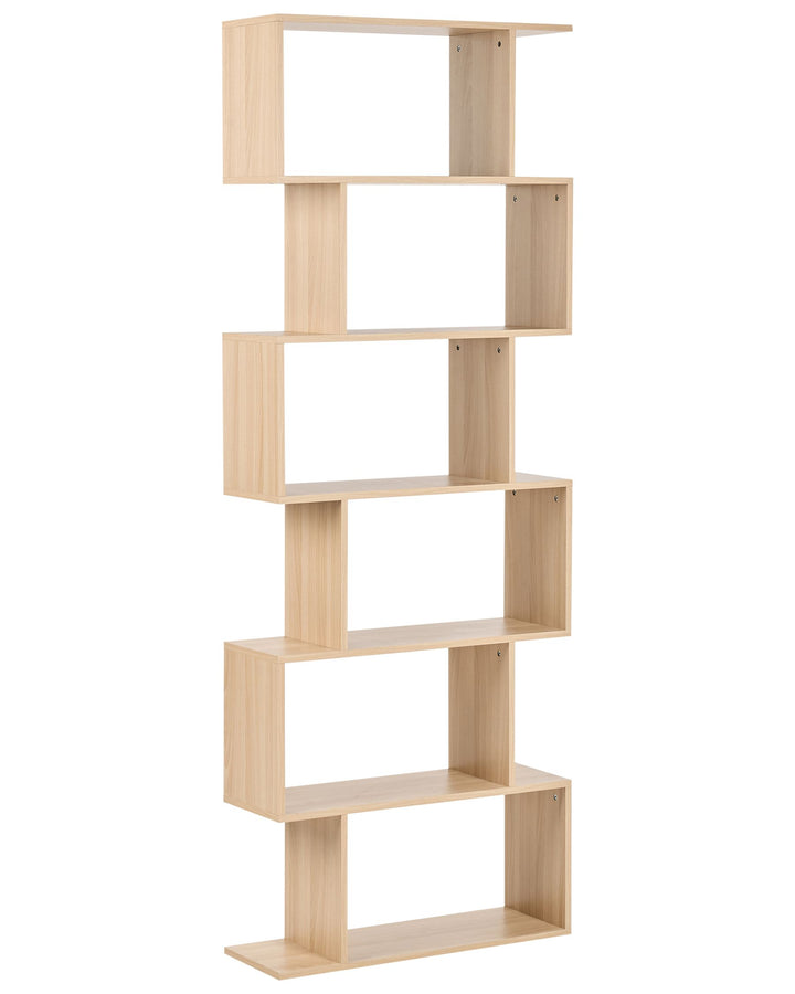 Wooden bookshelf with geometric design on a white background
