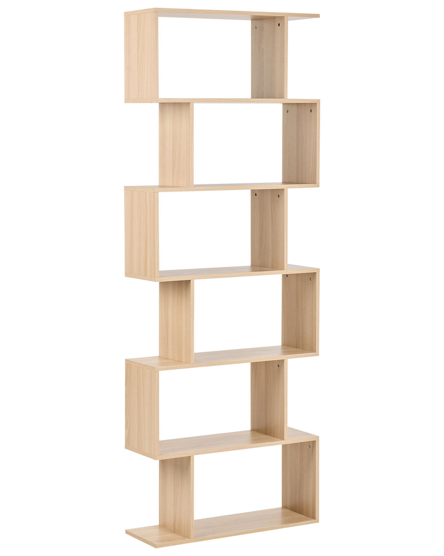 Wooden bookshelf with geometric design on a white background