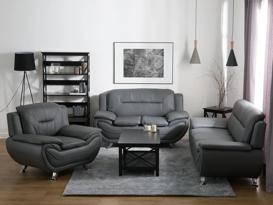 Modern grey sofa with thick padding and wide armrests