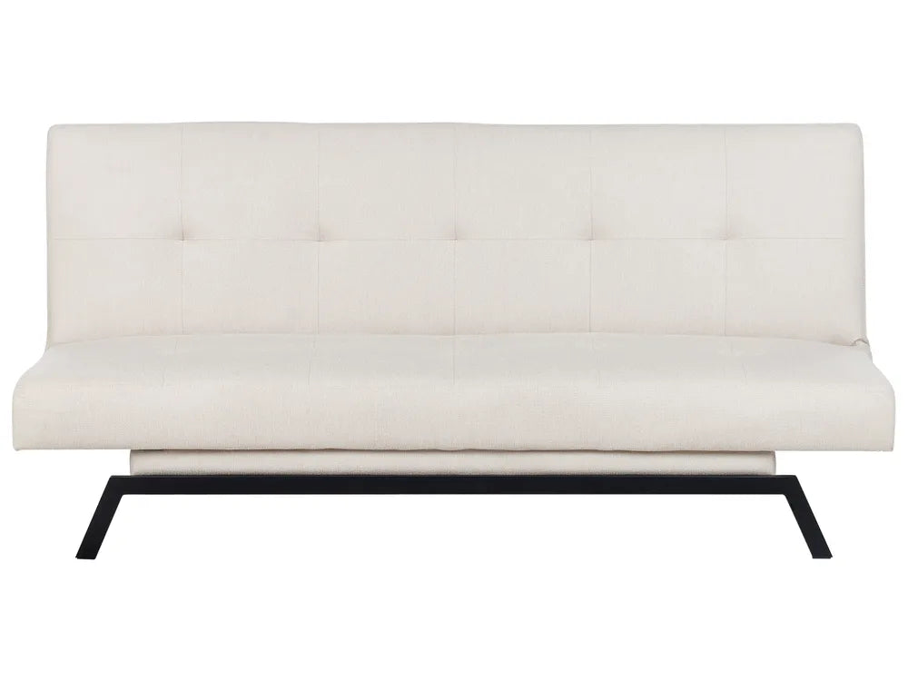 White upholstered bench with black metal legs on a white background