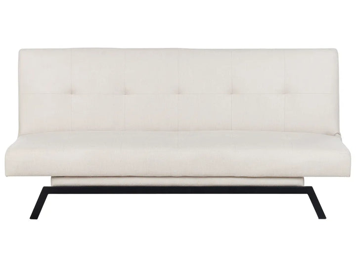 White upholstered bench with black metal legs on a white background