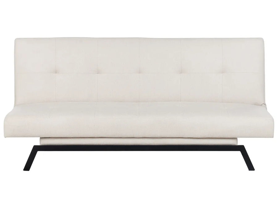 White upholstered bench with black metal legs on a white background