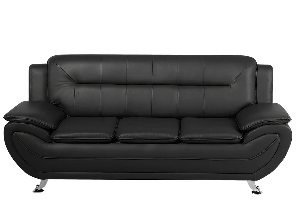 Black faux leather 3-seater sofa with slim metal legs