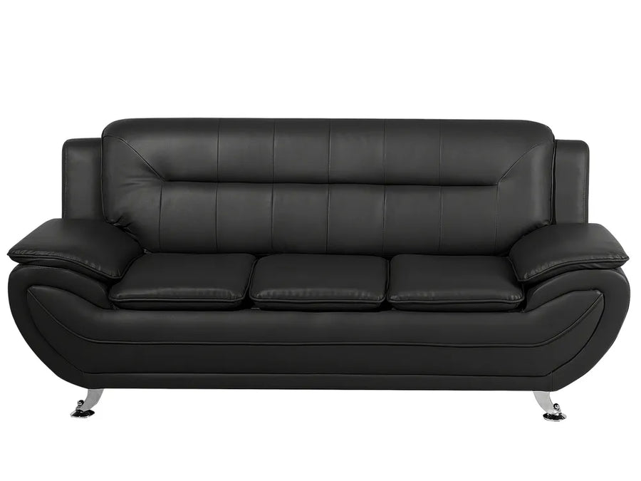 Black faux leather 3-seater sofa with slim metal legs