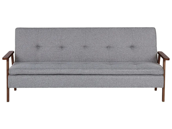 Gray sofa bed with wooden armrests on a white background