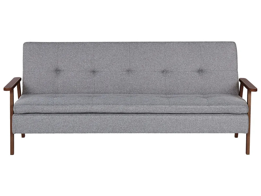 Gray sofa bed with wooden armrests on a white background