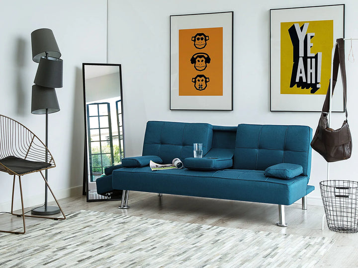 Blue fabric 3-seater sofa bed with drop-down table and cup holders