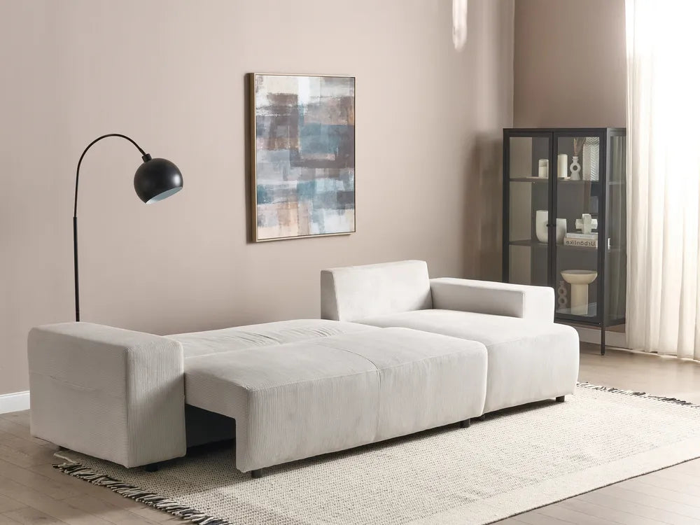 Corner Sofa Bed 3 Seater Corduroy Light Beige with Storage Left Hand Deantrei