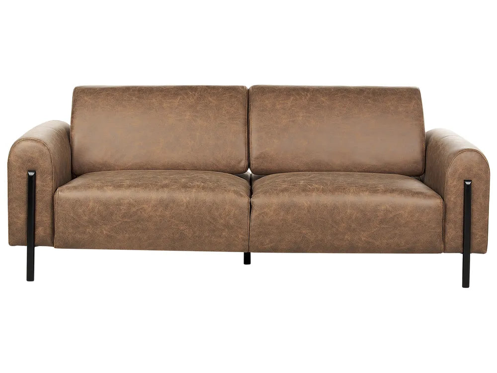 Brown leather sofa with black metal legs on a white background