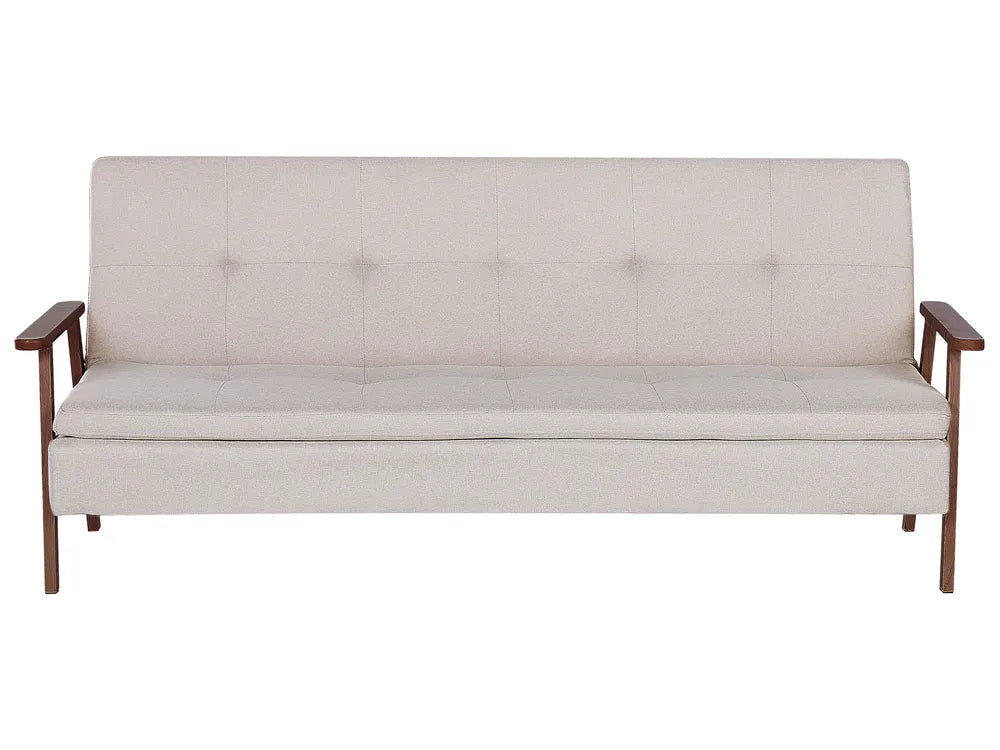 Beige sofa with wooden armrests on a white background