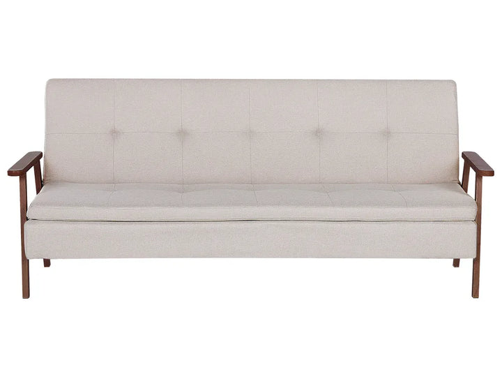 Beige sofa with wooden armrests on a white background