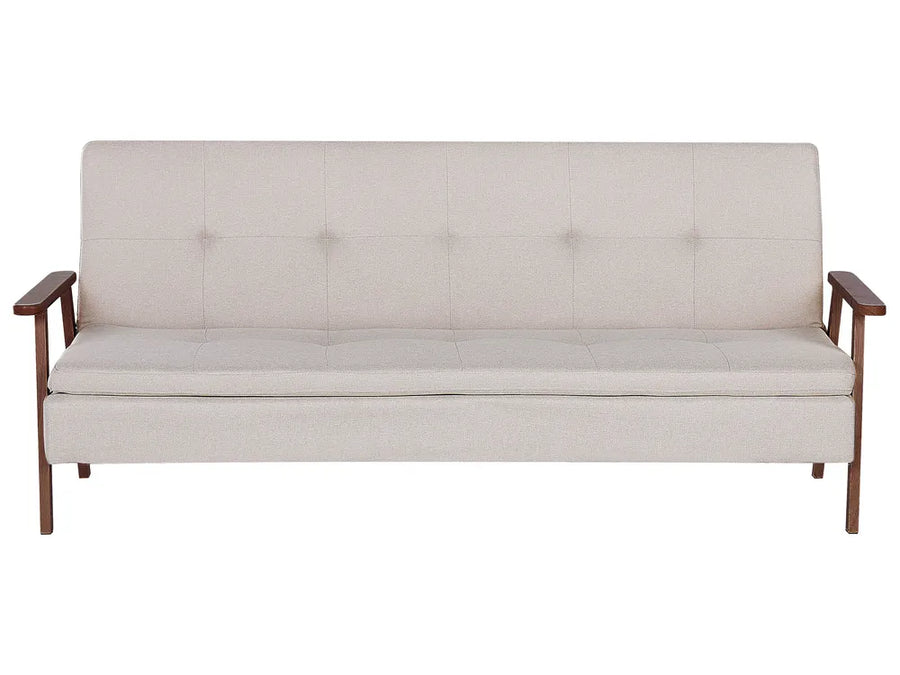 Beige sofa with wooden armrests on a white background