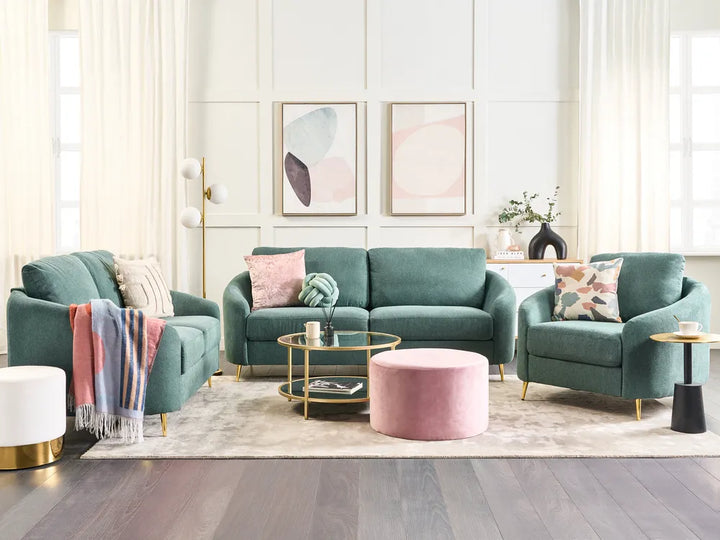 Modern green upholstered sofa with rounded shape and thick padding