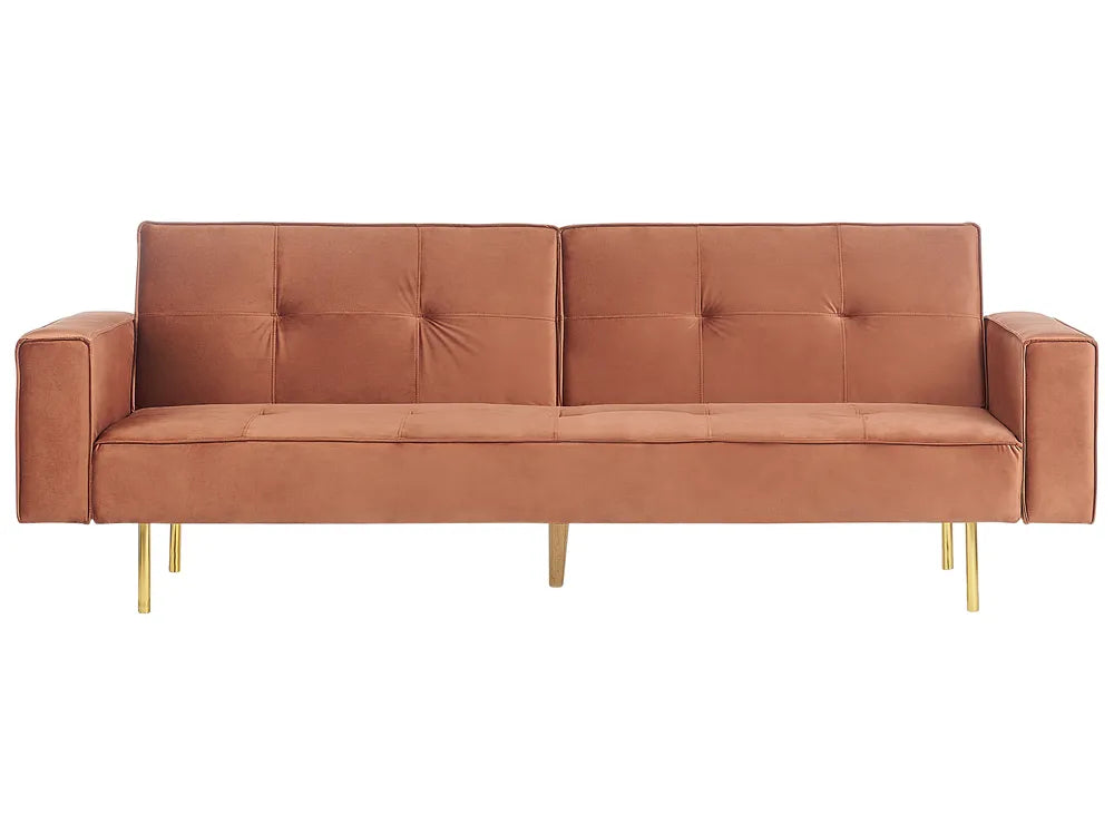 Brown sofa with gold legs on a white background