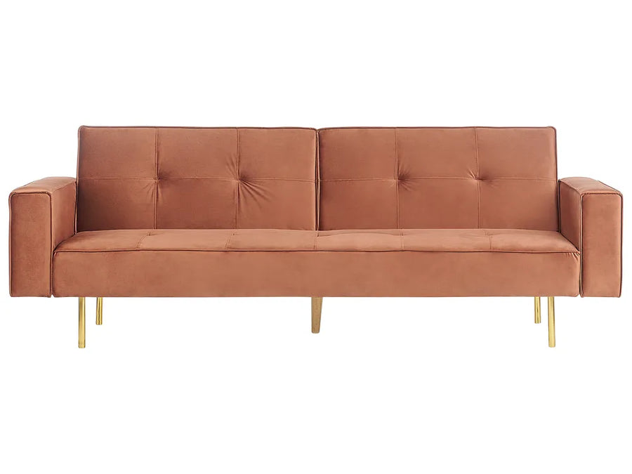Brown sofa with gold legs on a white background