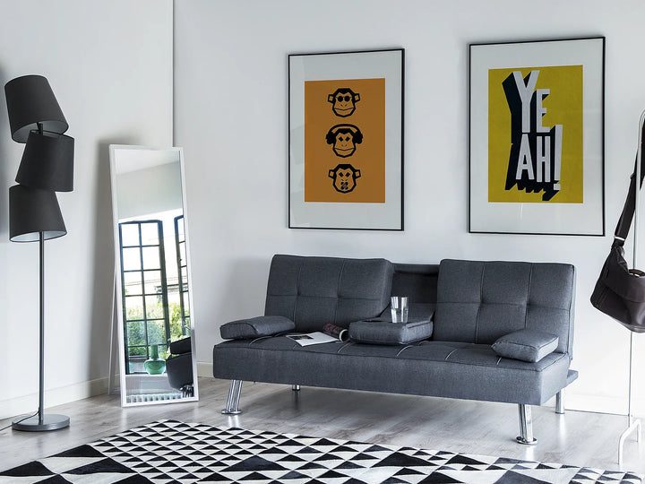 Dark grey fabric 3-seater sofa bed with drop-down table