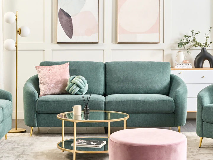 Curved green fabric 3-seater sofa with plush back cushions